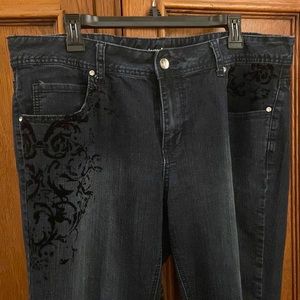 Lane Bryant dark blue denim jeans with jewel accents and black burnout design